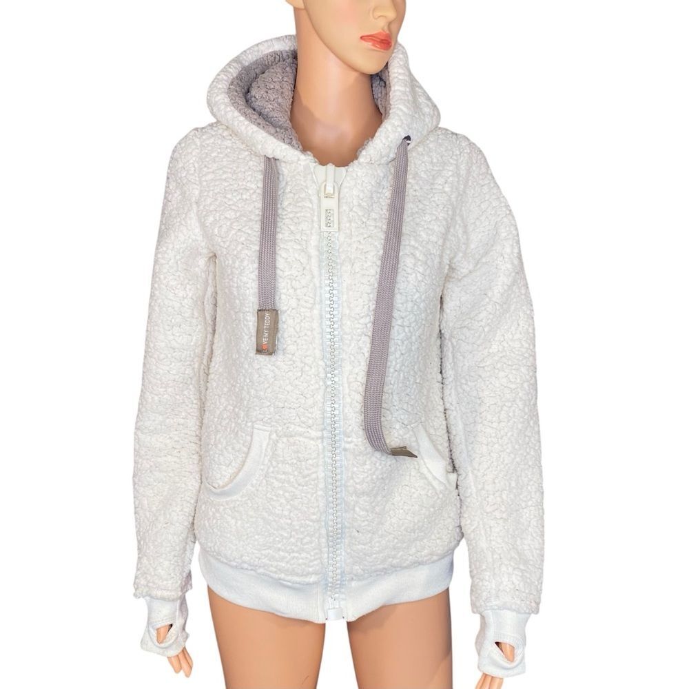 Tipsy Teddy Jacket Cozy Off White Fleece Full Zip Hooded w pockets SZ Med
